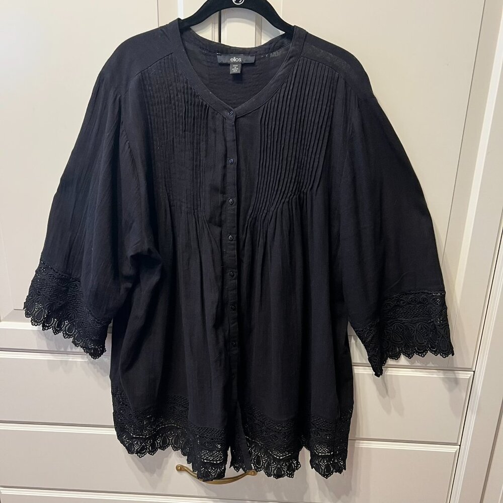ELLOS Black ¾ Sleeve Crochet Trim Pintucked Blouse (Size 1X – 22/24) - Picture 2 of 8